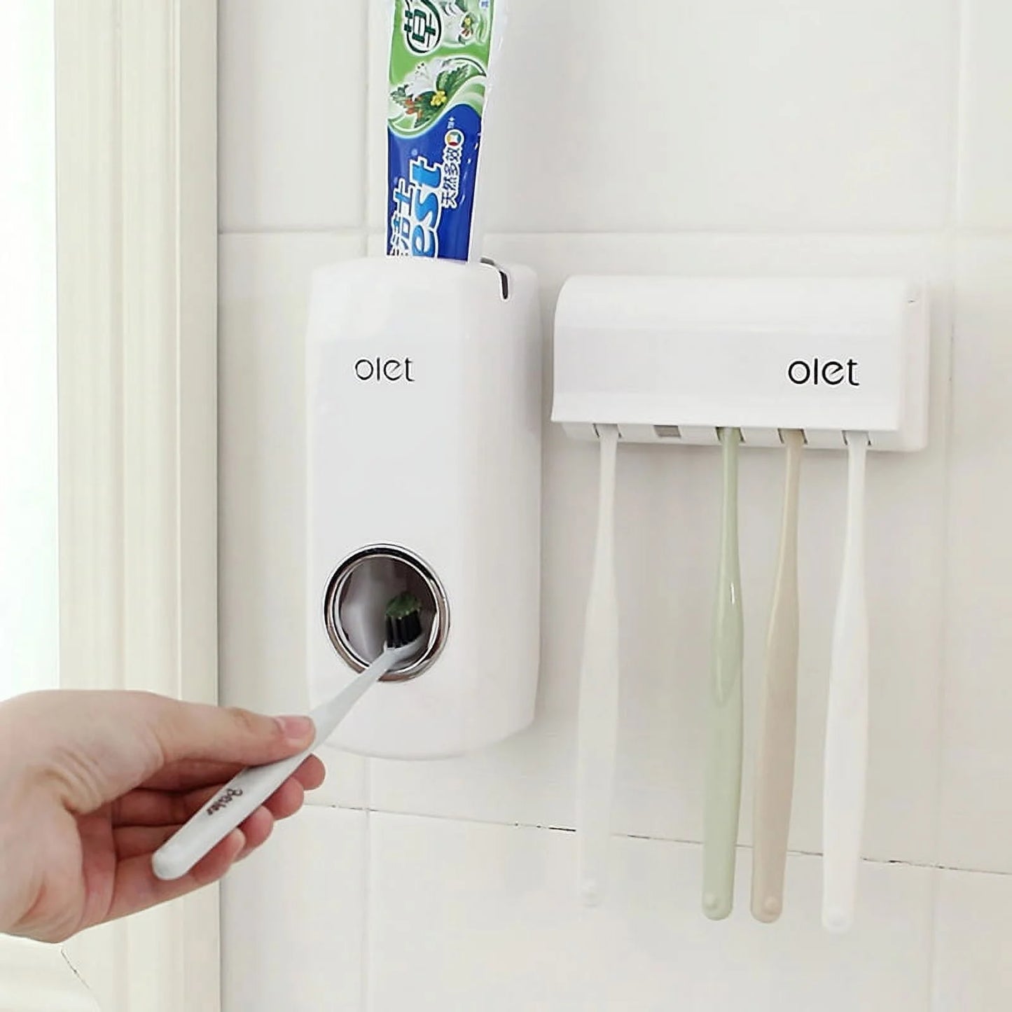Toothbrush Holder Automatic Toothpaste Dispenser Set Dustproof Kids Hands Free Toothpaste Squeezer for Family Washroom Bathroom White