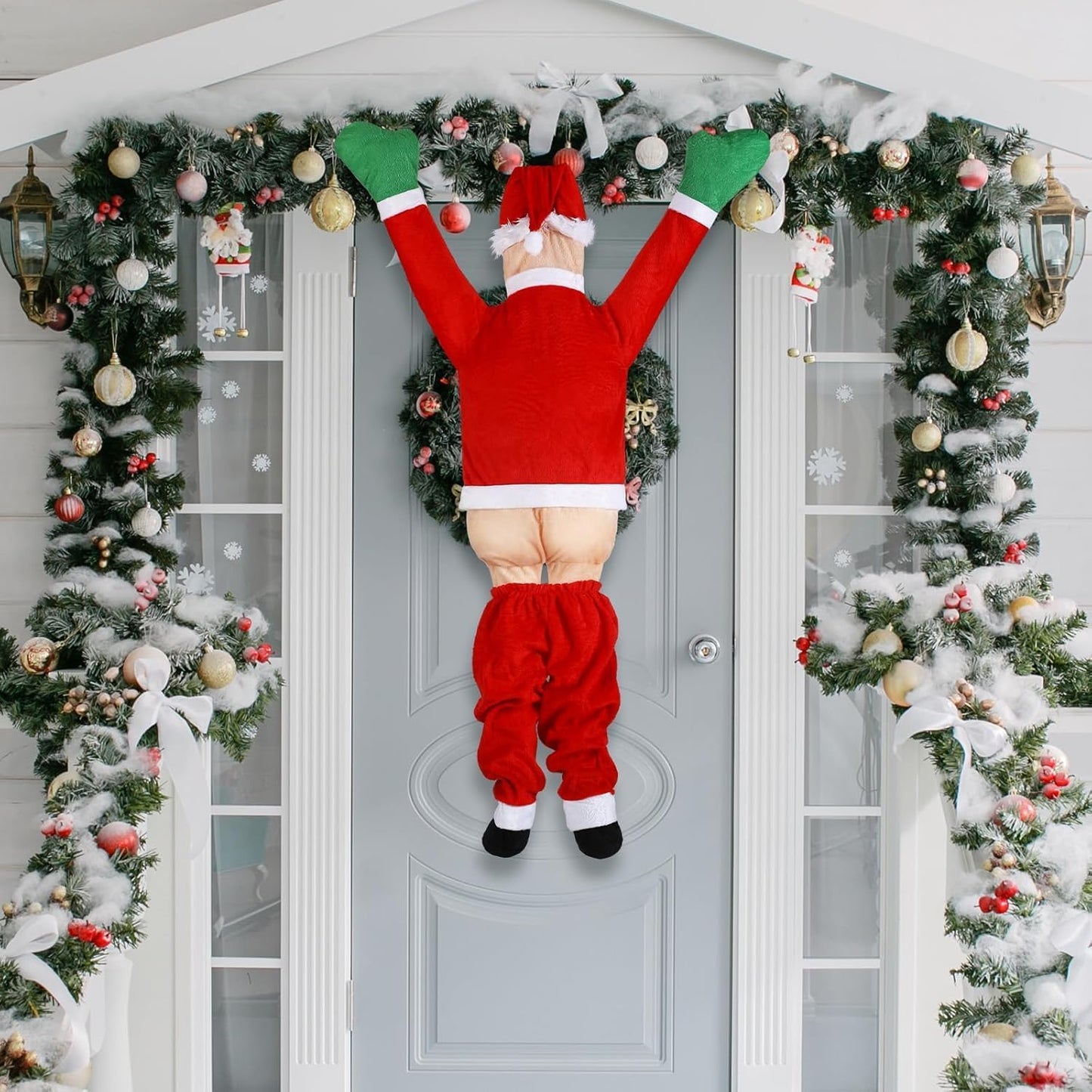 Large Christmas Hanging Santa Claus Outdoor Decoration Climbing Santa Claus with Pants off Santa Xmas Christmas Ornaments for outside Roof Gutter Window Balcony Christmas Party Supplies