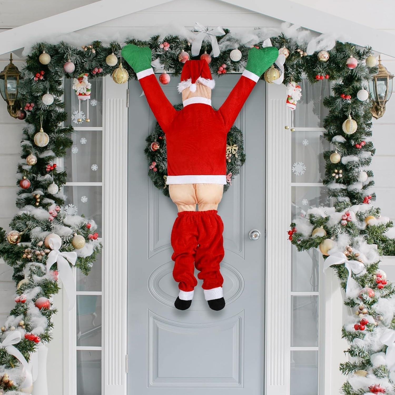 Large Christmas Hanging Santa Claus Outdoor Decoration Climbing Santa Claus with Pants off Santa Xmas Christmas Ornaments for outside Roof Gutter Window Balcony Christmas Party Supplies