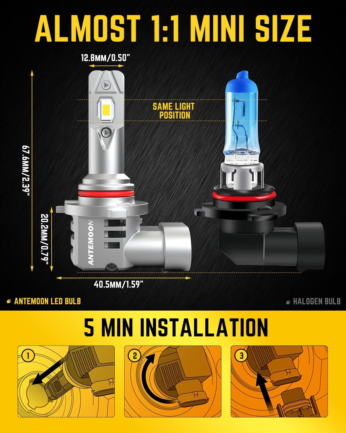 HB4 9006 LED Headlight Bulbs, 90W 18000LM HB4 Headlights Bulb 6000K White Mini Size 12V 24V Car Conversion Kit Halogen Replacement CSP Chips with Fan Non-Polarity Plug and Play, Pack of 2