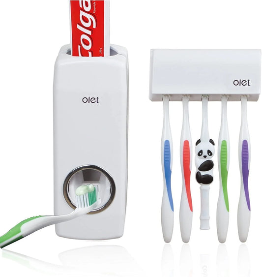 Toothbrush Holder Automatic Toothpaste Dispenser Set Dustproof Kids Hands Free Toothpaste Squeezer for Family Washroom Bathroom White