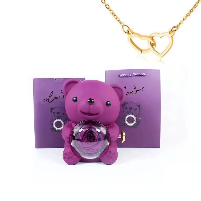 Eternal Rose Bear Gifts Box with Necklace Rotate Rose Jewelry Box Valentine Wedding Storage Christmas Gift for Women Girlfriend