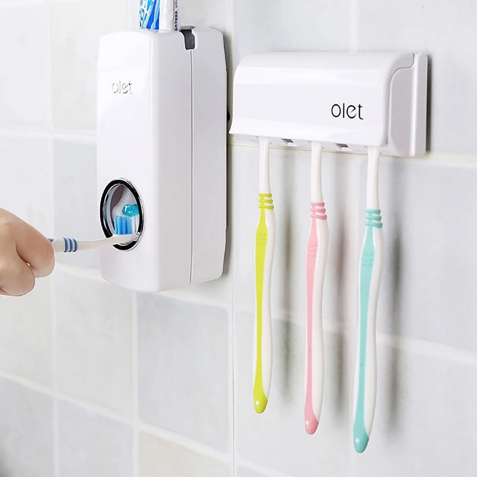 Toothbrush Holder Automatic Toothpaste Dispenser Set Dustproof Kids Hands Free Toothpaste Squeezer for Family Washroom Bathroom White