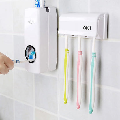 Toothbrush Holder Automatic Toothpaste Dispenser Set Dustproof Kids Hands Free Toothpaste Squeezer for Family Washroom Bathroom White