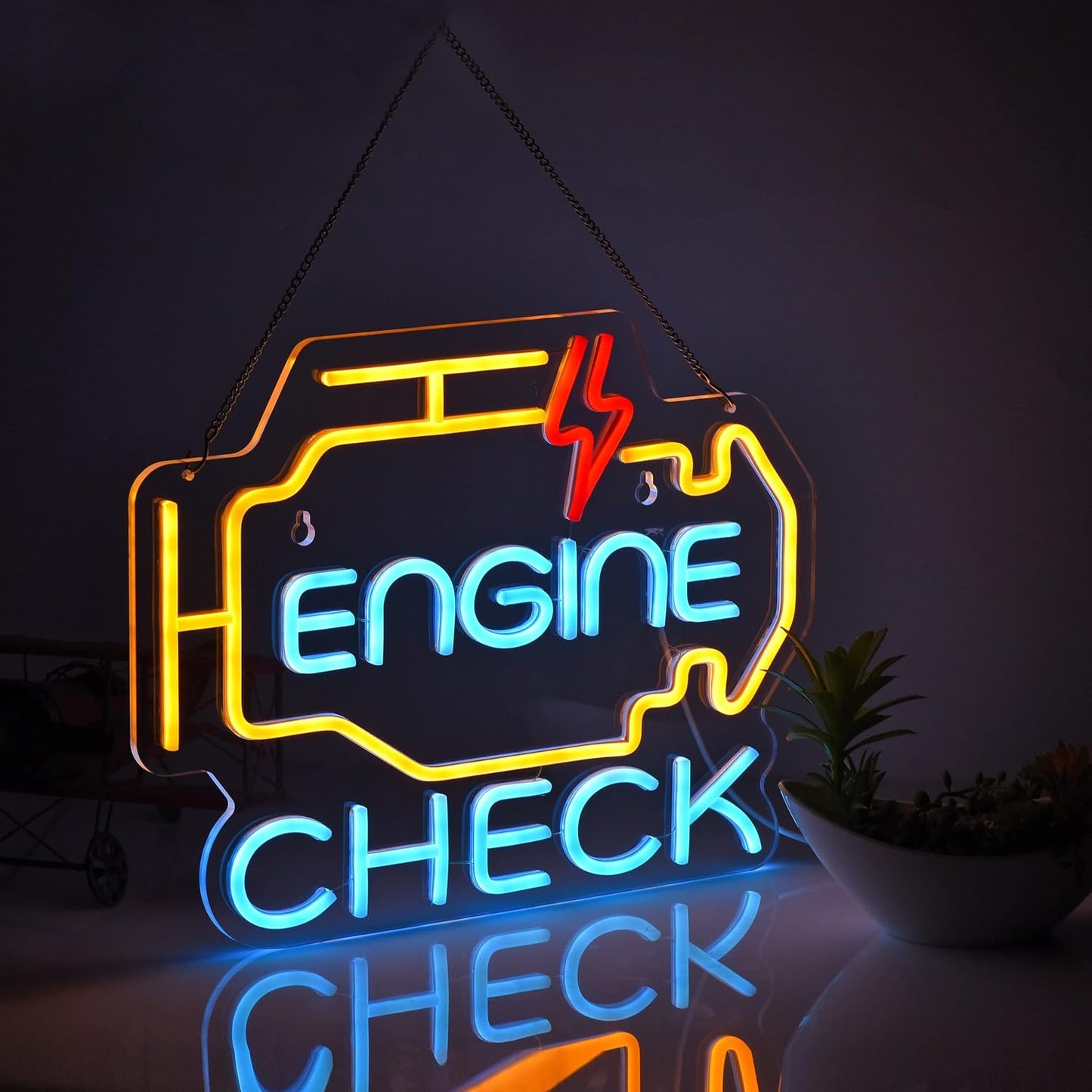Check Engine Neon Sign, LED Neon Signs for Car Auto Repair Shop Garage Room Man Cave with Dimmable Switch, USB Powered Neon Signs for Wall Décor (17X13In)