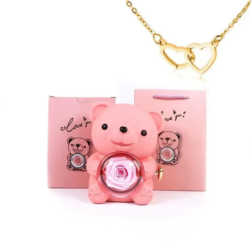 Eternal Rose Bear Gifts Box with Necklace Rotate Rose Jewelry Box Valentine Wedding Storage Christmas Gift for Women Girlfriend