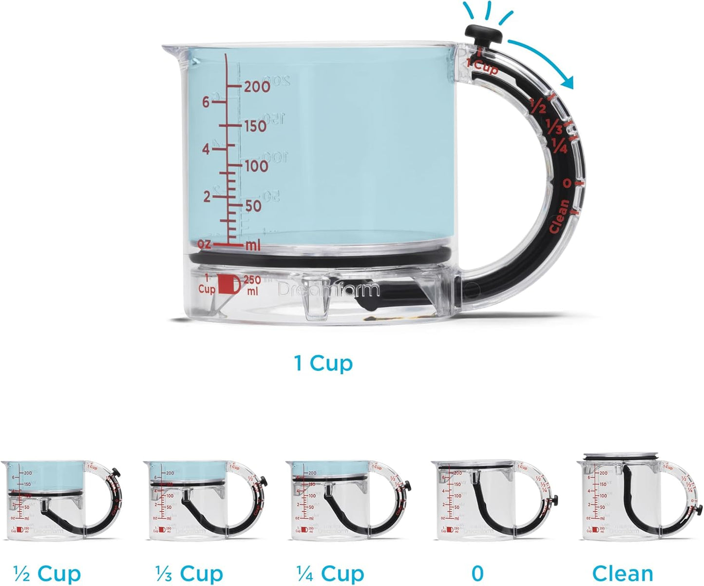 Upcup All-In-1 Adjustable Measuring Cup, Metric & Imperial Measurements up to 1 Cup - Black/Clear