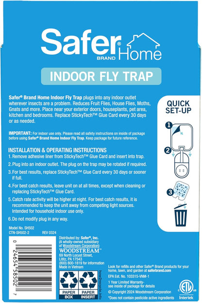Home Indoor Plug-In Fly Trap - SH502 - Effective Fruit Fly Traps for Indoors, Gnat Traps for House Indoor, 400 Sq Ft Protection - Style: 1 Device + 2 Glue Cards
