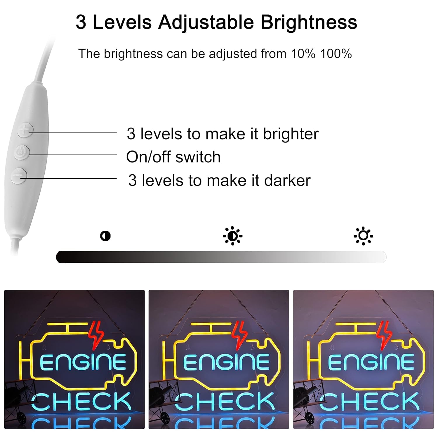 Check Engine Neon Sign, LED Neon Signs for Car Auto Repair Shop Garage Room Man Cave with Dimmable Switch, USB Powered Neon Signs for Wall Décor (17X13In)