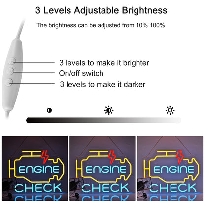 Check Engine Neon Sign, LED Neon Signs for Car Auto Repair Shop Garage Room Man Cave with Dimmable Switch, USB Powered Neon Signs for Wall Décor (17X13In)
