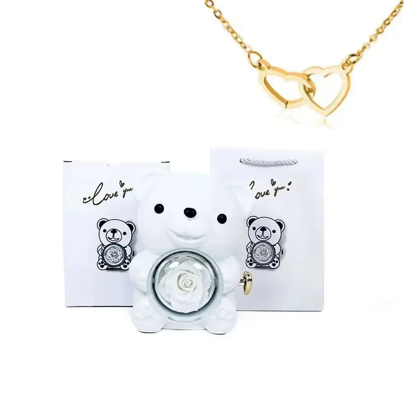 Eternal Rose Bear Gifts Box with Necklace Rotate Rose Jewelry Box Valentine Wedding Storage Christmas Gift for Women Girlfriend