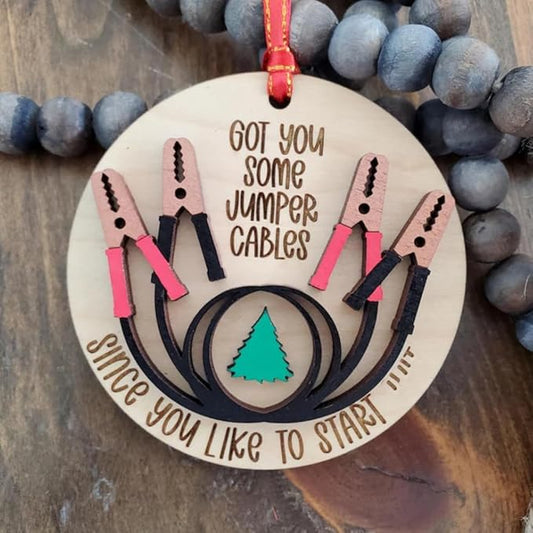 “Got You Some Jumper Cables” Funny Car-Ornament — Wooden Gag Gift Christmas Tree Decoration