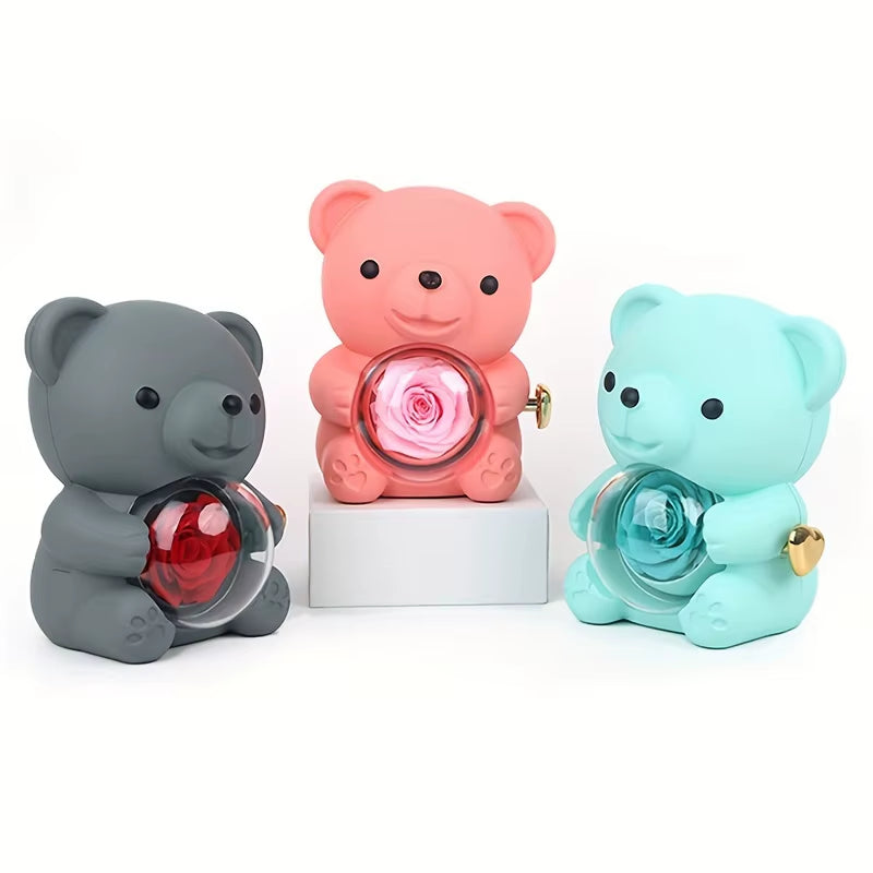 Eternal Rose Bear Gifts Box with Necklace Rotate Rose Jewelry Box Valentine Wedding Storage Christmas Gift for Women Girlfriend