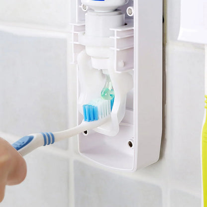 Toothbrush Holder Automatic Toothpaste Dispenser Set Dustproof Kids Hands Free Toothpaste Squeezer for Family Washroom Bathroom White